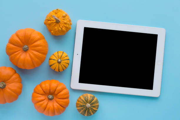 istock Decorative pumpkins and white tablet mockup on a blue background top view 1176721153