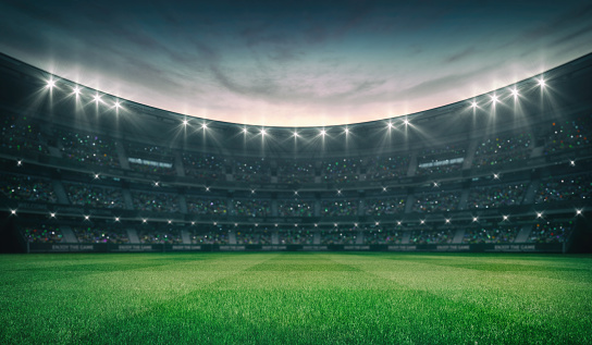 Campo de césped verde vacío y estadio al aire libre iluminado con ventiladores, vista de campo delantero photo