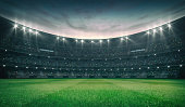 istock Empty green grass field and illuminated outdoor stadium with fans, front field view 1176722220