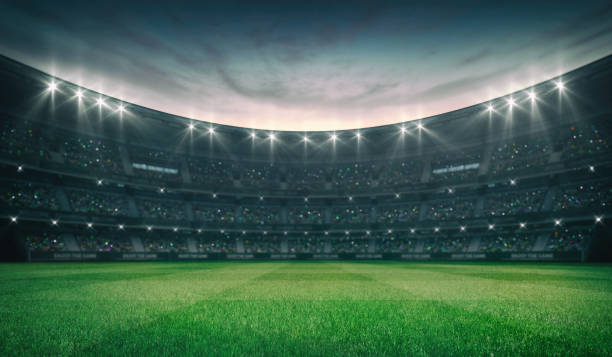 Empty green grass field and illuminated outdoor stadium with fans, front field view grassy field sport building 3D professional background illustration cricket stock pictures, royalty-free photos & images