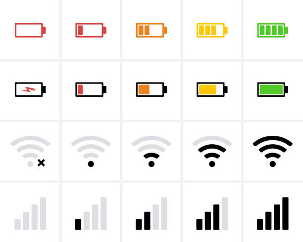 ilustrações de stock, clip art, desenhos animados e ícones de phone bar status icons, battery icon, charge level, wifi signal strength. - full contact