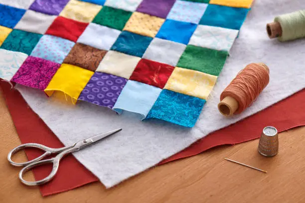 Photo of Process of quilt sandwich assembling, sewing accessories