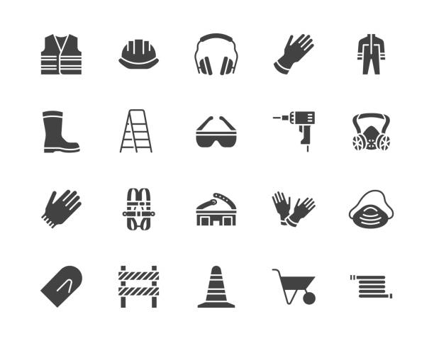 Safety equipment, required PPE flat silhouette icons set. Protective gloves builder helmet respirator, harness vector illustrations. Glyph signs personal protection. Pixel perfect pictograms Safety equipment, required PPE flat silhouette icons set. Protective gloves builder helmet respirator, harness vector illustrations. Glyph signs personal protection. Pixel perfect pictograms. glove stock illustrations