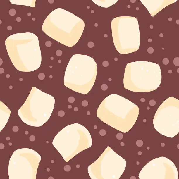 Vector illustration of Marshmallow in cocoa seamless pattern. Cup of cacao sweet yummy decoration background texture tile