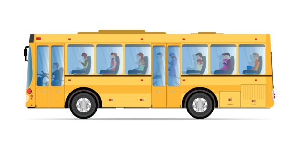 Passengers traveling by public bus. Passengers traveling by public bus. Yellow bus icon isolated on white background. Side view bus. Public transport vector Illustration. family-van-driving stock illustrations