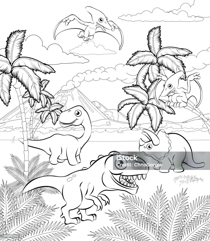 Dinosaur Cartoon Prehistoric Landscape Scene Stock Illustration - Download  Image Now - Dinosaur, Drawing - Art Product, Ancient - iStock