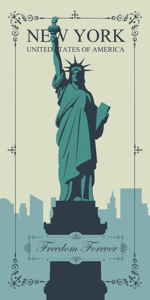 ilustrações, clipart, desenhos animados e ícones de cartão com estátua da liberdade e skyline de nyc - statue manhattan monument flaming torch