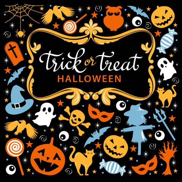 illustrazioni stock, clip art, cartoni animati e icone di tendenza di set di icone trucco o scherzetto - halloween candy immagine