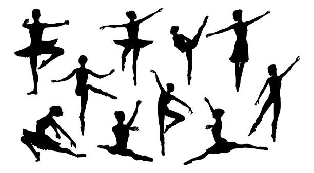 Silhouette Ballet Dancers Silhouettes of a ballet dancer dancing in various poses and positions ballerina shadow stock illustrations