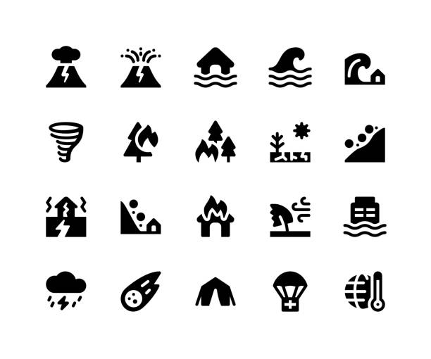 Disaster Glyph Icons Simple Set of Disaster Related Vector Glyph Icons. Contains such Icons as volcano, eruption, flood, wave, tsunami and More. pixel perfect vector icons based on 32px grid. Well Organized and Layered. natural disaster stock illustrations