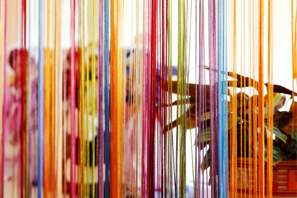 cortina de cadena multicolor (cortina de filamento) en la ventana. plantas caseras en el fondo. telón de fondo horizontal del diseño del hogar - hilo mercería fotografías e imágenes de stock