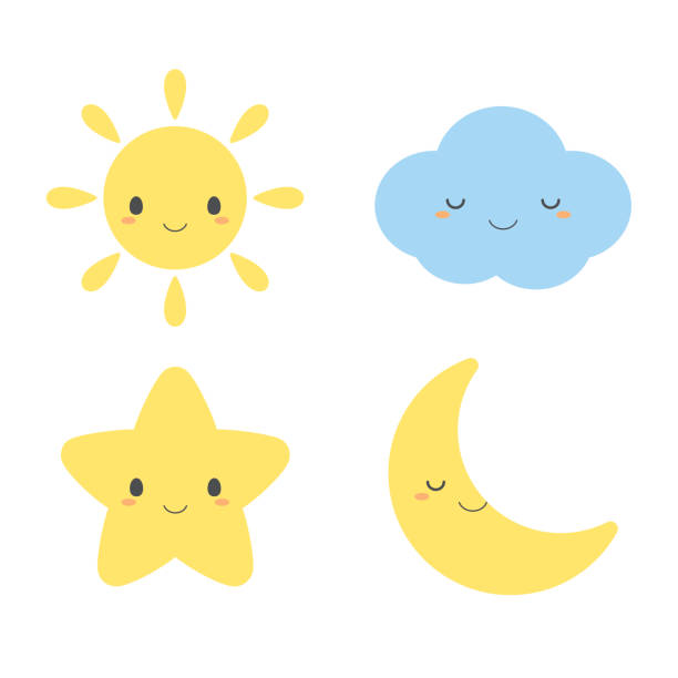 Set of cute weather element icons Set of cute weather element icons, including sun, cloud, star and moon. moon drawings stock illustrations