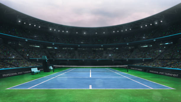 estadio de cancha de tenis azul y verde con los aficionados durante el día, vista frontal superior - playing field flash fotografías e imágenes de stock