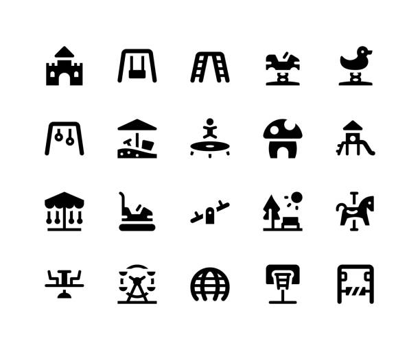 Playground Glyph Icons Simple Set of Playground Related Vector Glyph Icons. Contains such Icons as castle, swing, trampoline, slide, seesaw and More. pixel perfect vector icons based on 32px grid. Well Organized and Layered gymnastics equipment stock illustrations