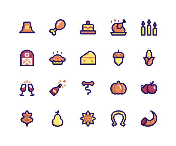 Thanksgiving Filled Line Icons Simple Set of Thanksgiving Related Vector Filled Line Icons. Contains such Icons as pilgrim hat, chicken wing, cake, candles, barn and More. pixel perfect vector icons based on 32px grid. Well Organized and Layered apple pie cheese stock illustrations