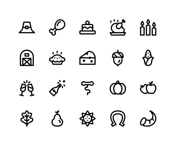 Thanksgiving Line Icons Simple Set of Thanksgiving Related Vector Line Icons. Contains such Icons as pilgrim hat, chicken wing, cake, candles, barn and More. pixel perfect vector icons based on 32px grid editable strokes. Well Organized and Layered apple pie cheese stock illustrations
