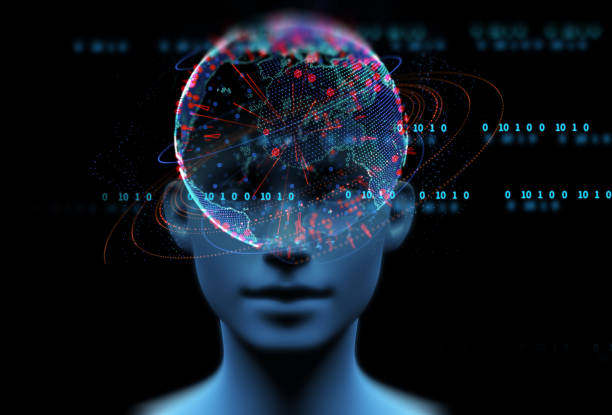 3d illustration of virtual human on technology background. - artificial intelligence imagens e fotografias de stock