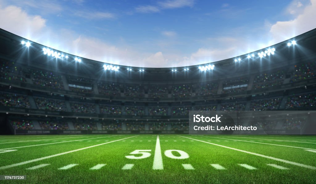 American football league stadium with white lines and fans, daytime side field view sport building 3D professional background illustration American Football - Sport Stock Photo