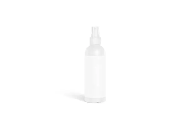 Blank white deodorant bottle mockup stand isolated. Empty cosmetic spray mock up, front view. Clear antiseptic liquid for skin care or body protection mokcup template.