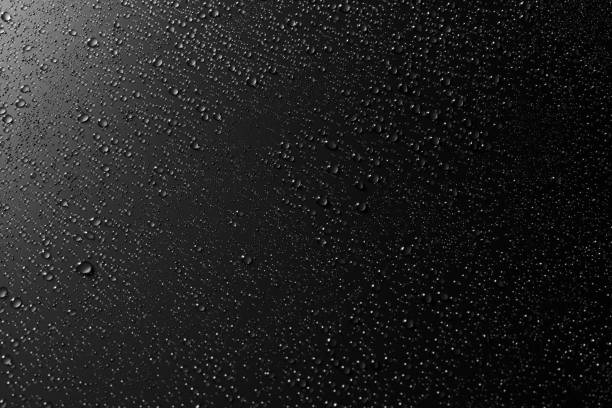 istock Beaded glistening water droplets on black surface 1176738019
