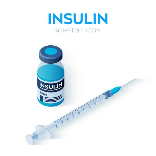 ilustrações de stock, clip art, desenhos animados e ícones de insulin vial and disposable syringe isometric icon. insulin ampule. control your diabetes. concept of vaccination, injection. created for mobile, web, decor, application. vector illustration. - syringe vaccination vial insulin