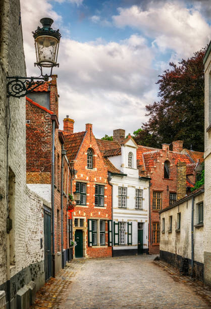 An Alley and Traditional Architecture of Bruges, Belgium Bruges, the capital of West Flanders in northwest Belgium, is distinguished by its canals, cobbled streets and medieval buildings. narrow streets stock pictures, royalty-free photos & images
