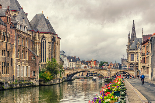 Picturesque view of Brugge old town and water canal, Belgium travel photo