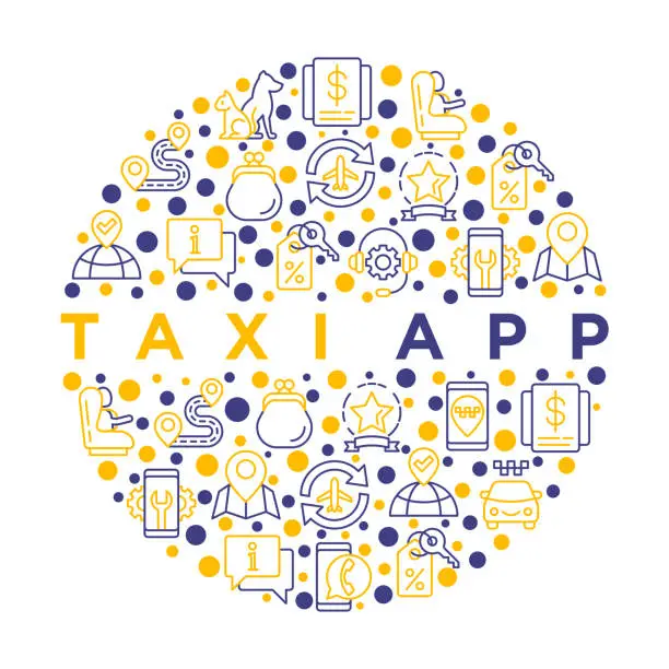 Vector illustration of Taxi app concept in circle with thin line icons: payment method, promocode, app settings, info, support service, pointer, airport transfer, baby seat. Vector illustration for print media.