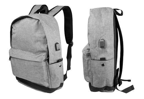 Grey colour backpack side view isolated over white background