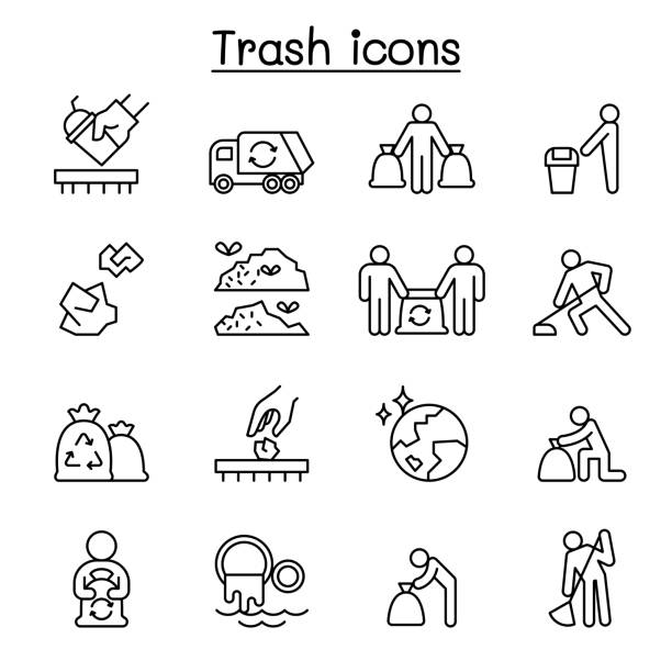 Trash, garbage, rubbish, dump, refuse icon set in thin line style Trash, garbage, rubbish, dump, refuse icon set in thin line style garbage dump stock illustrations