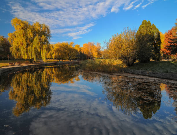 istock Beautiful autumn park with colorful trees reflected in the water. 1176745702