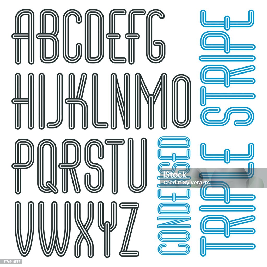 Vector Funky Capital English Alphabet Letters Collection Cool Condensed  Font Script From A To Z Can Be Used In Poster Art Created Using Triple  Stripy Parallel Lines Stock Illustration - Download Image