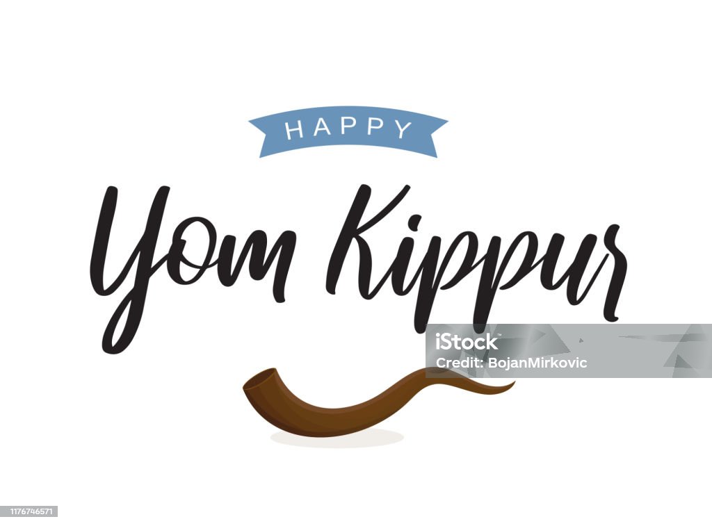 Beyaz arka planda shofar ile Yom Kippur kartı. Vektör - Royalty-free Yom Kippur Vector Art