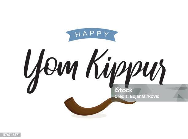Beyaz Arka Planda Shofar Ile Yom Kippur Kartı Vektör Stok Vektör Sanatı & Yom Kippur‘nin Daha Fazla Görseli