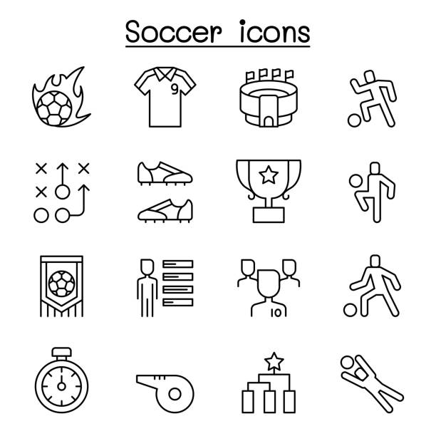 Soccer, Football icon set in thin line style Soccer, Football icon set in thin line style midfielder stock illustrations