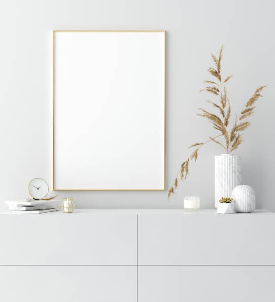 istock Mock up golden frame in white interior with simple modern decor, Scandinavian style 1176746955