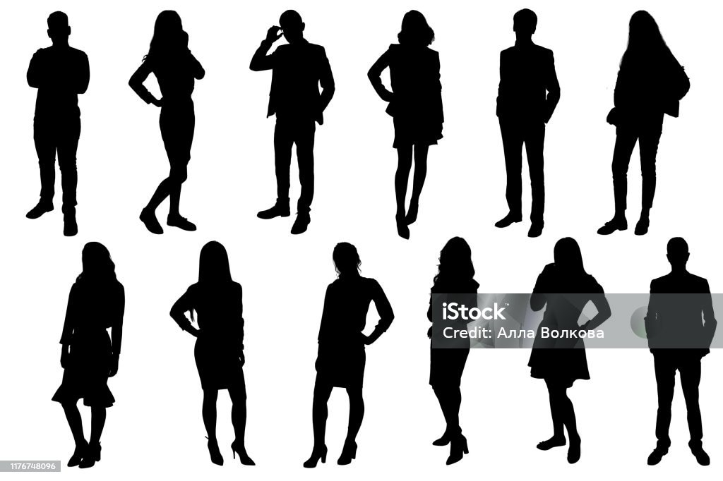 Silhouetten junger Menschen. Mädchen und Jungen in vollem Wachstum. Schwarze Silhouette auf weißem Hintergrund, Kontur-2 - Lizenzfrei Kontur Vektorgrafik