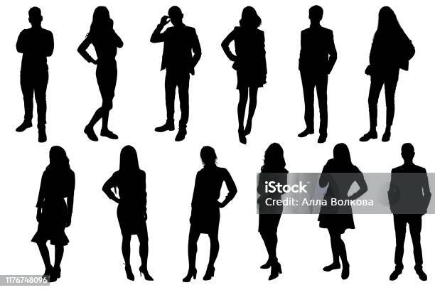 Silhouetten Junger Menschen Mädchen Und Jungen In Vollem Wachstum Schwarze Silhouette Auf Weißem Hintergrund Kontur2 Stock Vektor Art und mehr Bilder von Kontur