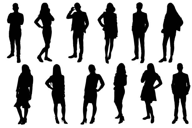Silhouettes of young people. Girls and boys in full growth. Black silhouette on a white background, contour-2 Silhouettes of young people. Girls and boys in full growth. Black silhouette on a white background, outline drawing crowd of people clipart stock illustrations