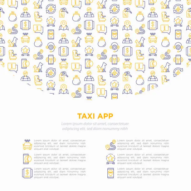 Vector illustration of Taxi app concept with thin line icons: payment method, promocode, app settings, info, support service, phone number, pointer, route, destination, airport transfer, baby seat. Vector illustration.