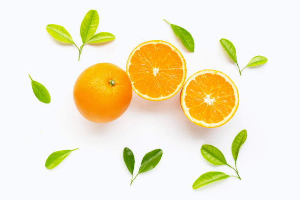 istock Fresh orange citrus fruit with leaves isolated on white background. 1176749293