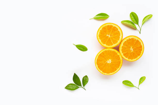 istock Fresh orange citrus fruit with leaves isolated on white background. 1176749303