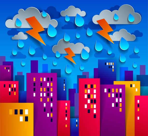 도시 주택 은 천둥 과 번개 종이 컷 만화 아이 게임 스타일 벡터 일러스트 레이션, 귀여운 도시 풍경, 도시 생활, 구름과 하늘에 비의 현대적인 최소한의 디자인에서 건물을 주택. - lightning house storm rain stock illustrations