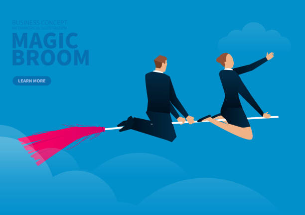 illustrazioni stock, clip art, cartoni animati e icone di tendenza di uomo d'affari e imprenditrice volare sulla scopa magica al cielo - sayings business aspirations magic