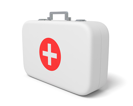 3d rendering of first aid medical box isolated on white background. Healthcare industry. Medical supplies. Medicine and drugs.