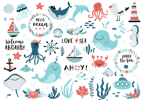 Under the sea set - cute whale, narwhal, ship, lighthouse, anchor, marine plants and wreaths, quotes and other.  Perfect for scrapbooking, greeting card, party invitation, poster, tag, sticker kit. Vector illustration.