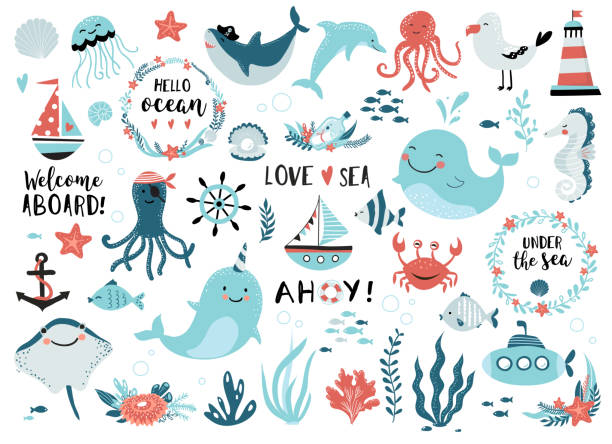 Under the sea set. Under the sea set - cute whale, narwhal, ship, lighthouse, anchor, marine plants and wreaths, quotes and other.  Perfect for scrapbooking, greeting card, party invitation, poster, tag, sticker kit. Vector illustration. fish drawings stock illustrations