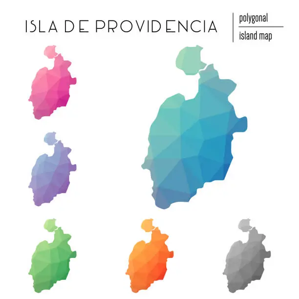 Vector illustration of Set of vector polygonal Isla de Providencia maps filled with bright gradient of low poly art.