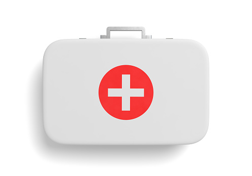 3d rendering of first aid medical box isolated on white background. Healthcare industry. Medical supplies. Medicine and drugs.