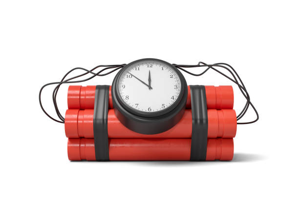 3d rendering of a bundle of dynamite sticks with a clock attached to the side of it on a white background. Dangerous job. Explosive supplies. Destroy and demolish.